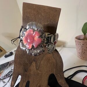 Silver-Tone Floral Cuff Bracelet with Pink Enamel Flower